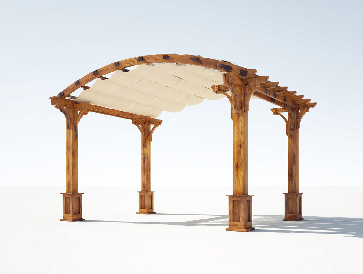Pérgola de jardín de madera 320x300x260 cm - Marrón-Beige - Cubierta textil arqueada y diseño rústico
