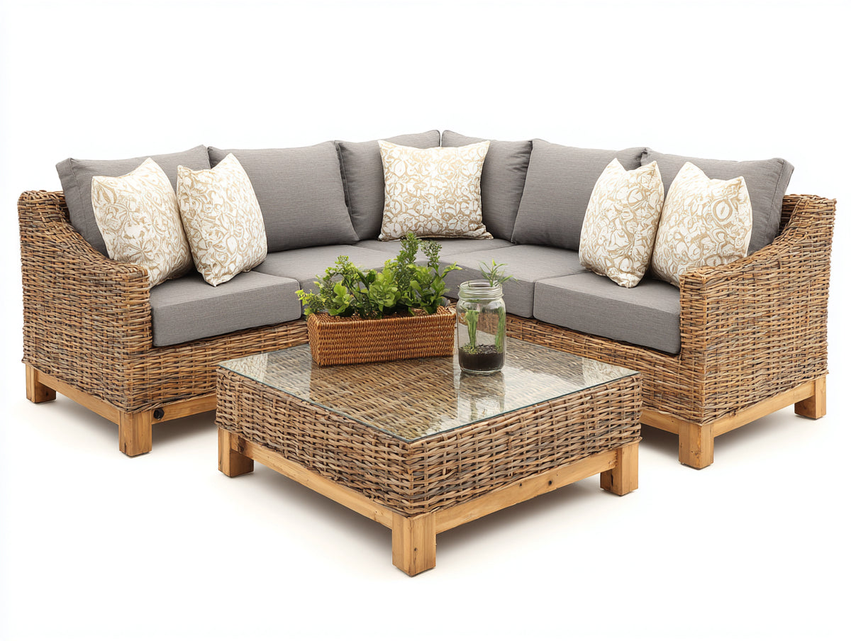 Sofás de exterior de ratán 250x250x75 cm - marrón-gris - conjunto esquinero con mesa de centro