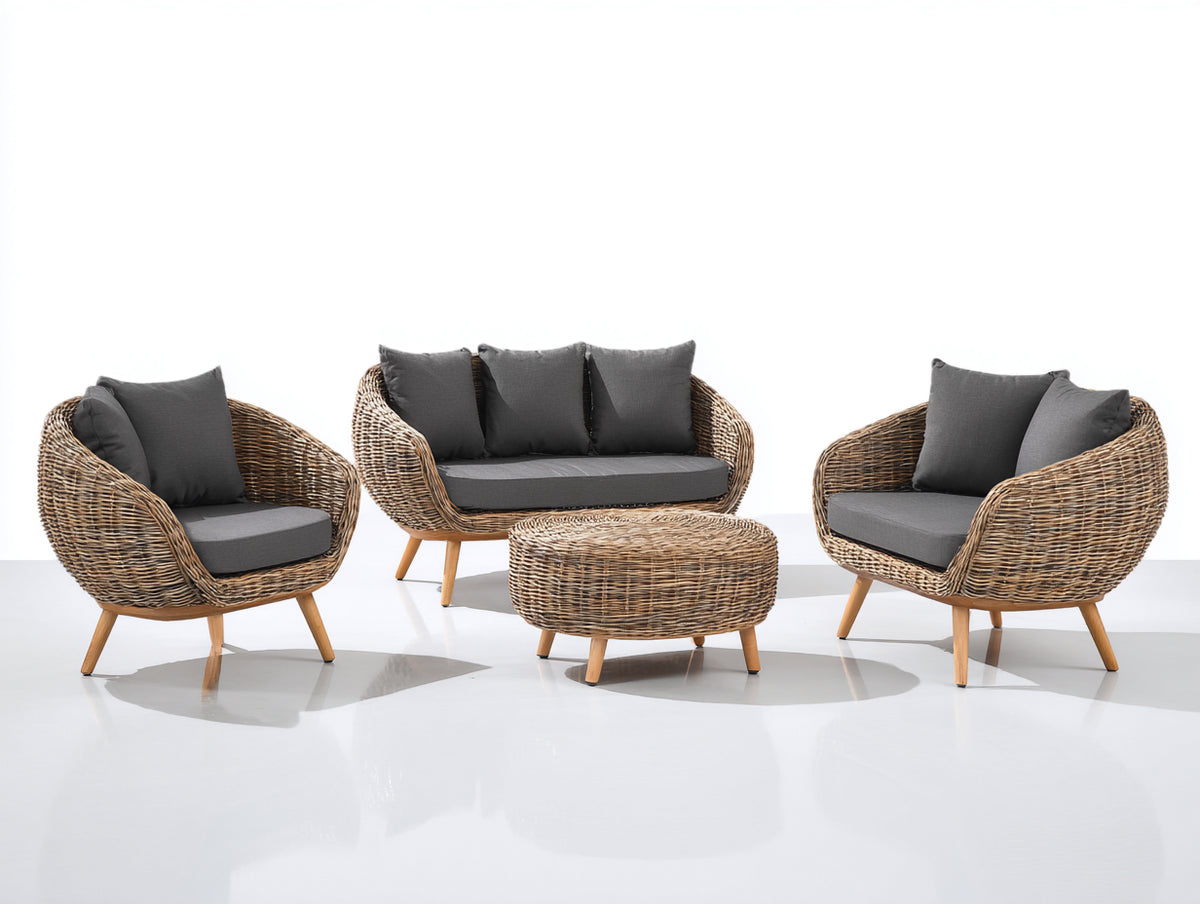 Sofás de exterior de ratán 150x75x80 cm - Marrón-Gris oscuro - Conjunto de 4 piezas y diseño contemporáneo