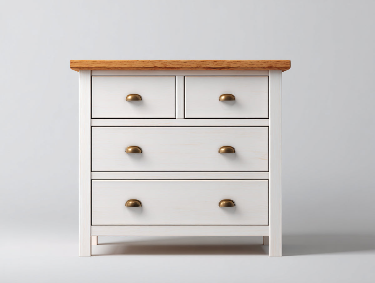 Cómodas de madera 90x42x95 cm - blanco-madera natural - 4 cajones con tiradores metálicos