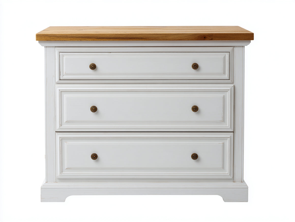 Cómodas de madera 100x45x90 cm - blanco-madera natural - 3 cajones estilo clásico para dormitorio