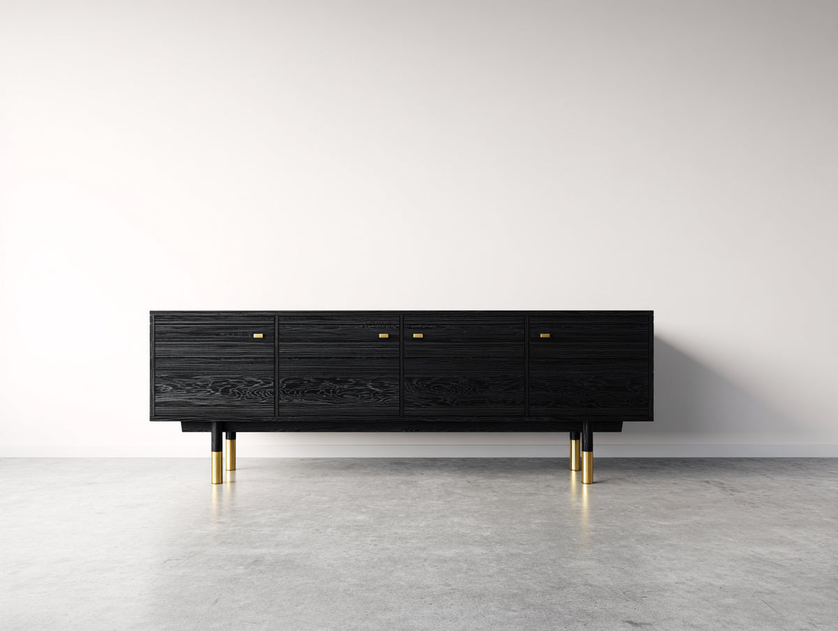 Mueble recibidor de madera 190x42x75 cm - negro-dorado - 4 puertas y diseño moderno