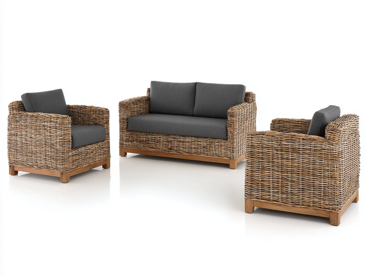 Sofás de exterior de ratán 150x80x78 cm - marrón natural-gris oscuro - conjunto con sofá de 2 plazas y 2 sillones