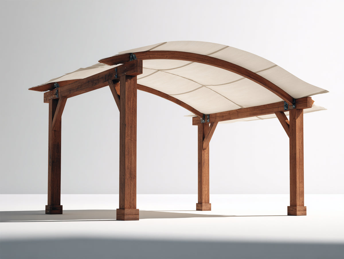 Pérgola de jardín de madera 320x300x255 cm - Marrón-Beige - Cubierta textil arqueada y diseño rústico