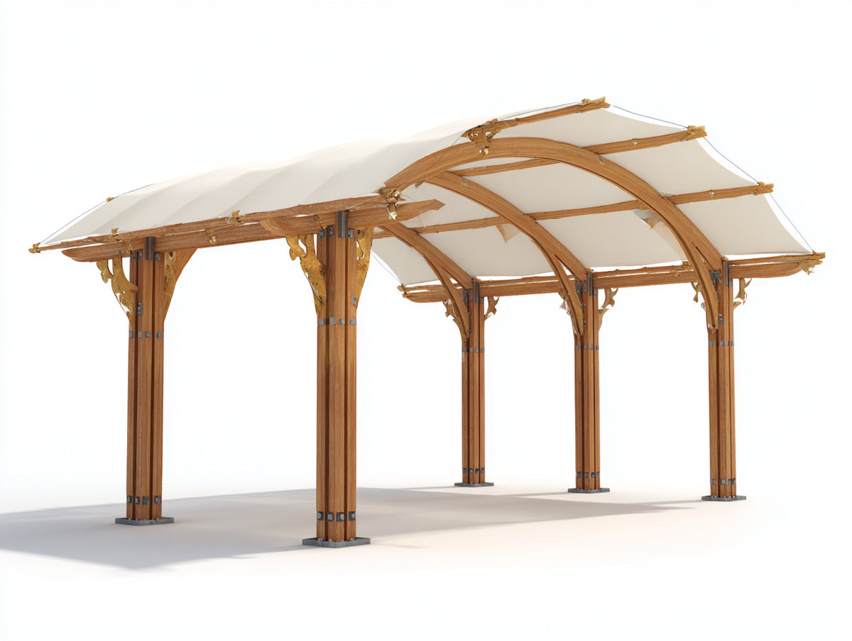 Pérgola de jardín de madera 500x350x290 cm - madera natural-blanco crema - cubierta textil y estructura arqueada