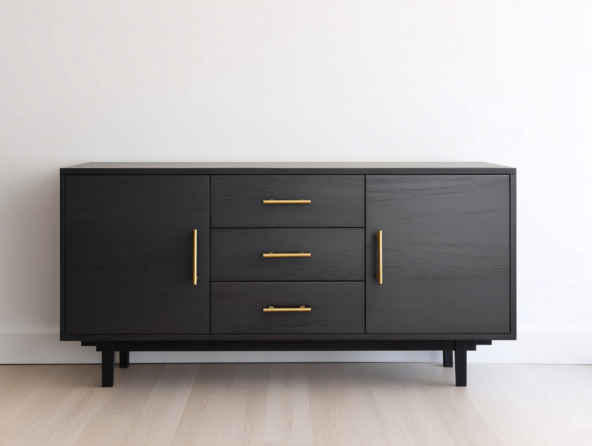 Mueble recibidor de madera 160x42x82 cm - Negro-Dorado - 3 cajones 2 puertas y diseño contemporáneo