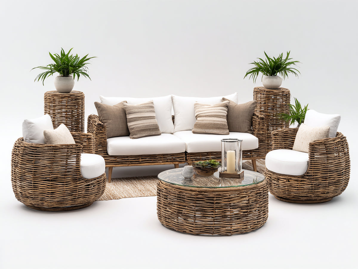 Sofás de exterior de ratán 220x90x85 cm - marrón natural-blanco - conjunto con sillones y mesa de centro