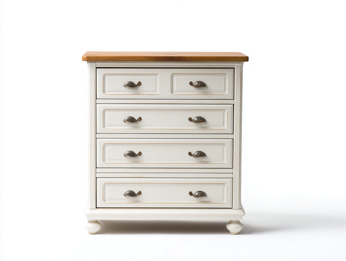 Cómodas de madera 80x42x105 cm - blanco envejecido y madera natural - diseño clásico con 4 cajones