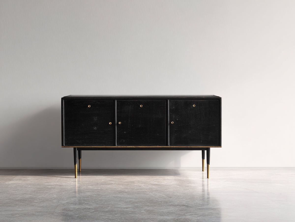 Mueble recibidor de madera 150x40x80 cm - Negro-Dorado - 3 puertas y diseño contemporáneo